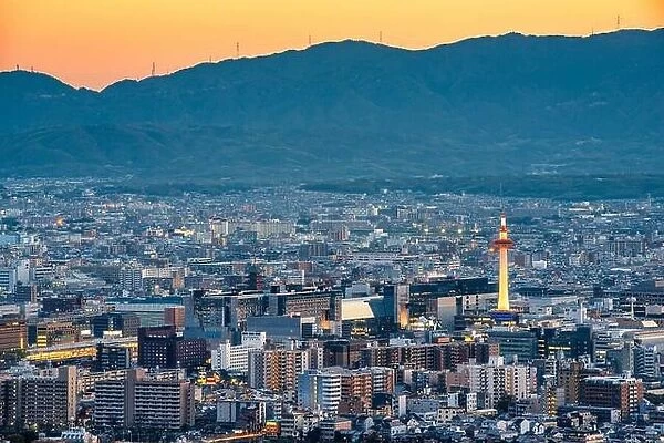 Kyoto, Japan city skyline from above at dusk