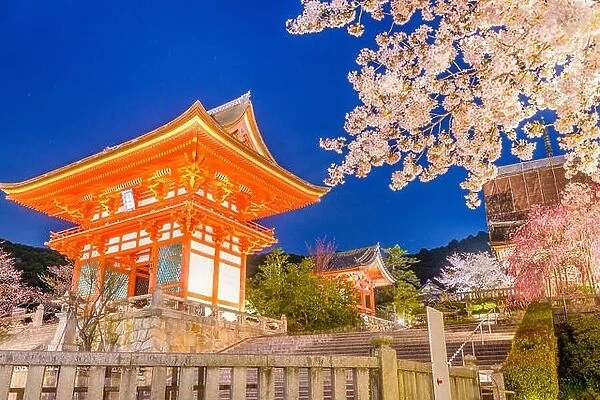 Kyoto, Japan at Kiyomizu-dera Temples Niomon gate during spring season. (signs read: 'Niomon Gate')