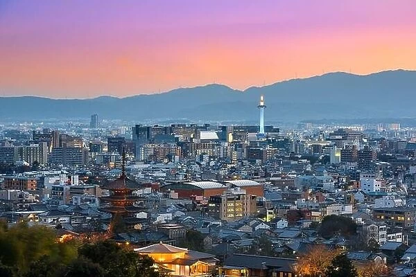 Kyoto, Japan skyline and landmark towers at dusk