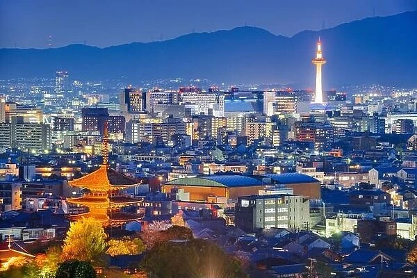 Kyoto, Japan skyline and towers at dusk