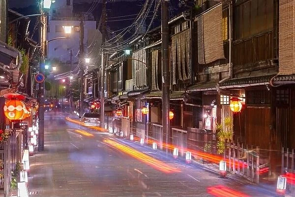 Kyoto, Japan streets at night in the Gion Shirakawa district