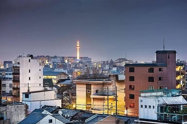 Kyoto, Japan urban cityscape with the tower at night
