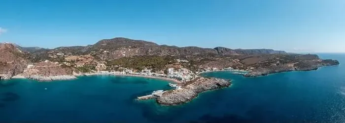 Framed Print : Kythera Kapsali, Greece. Kythira Greek island aerial drone panorama of twin bay coast Framed Print : Kythera Kapsali, Greece. Kythira Greek island aerial drone panorama of twin bay coast