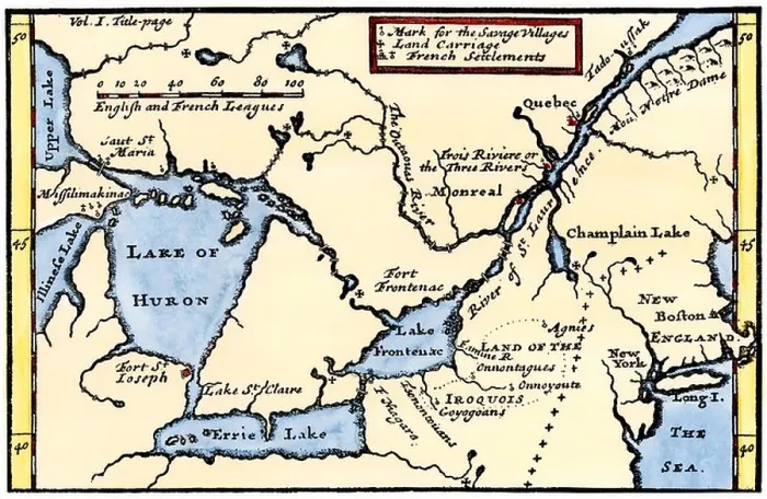 Framed Print : La Hontan's map of the Great Lakes and Saint Lawrence valley 1703. Hand-colored woodcut