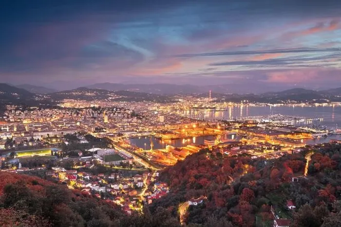 Framed Print : La Spezia, Italy skyline on the harbor at dusk Framed Print : La Spezia, Italy skyline on the harbor at dusk