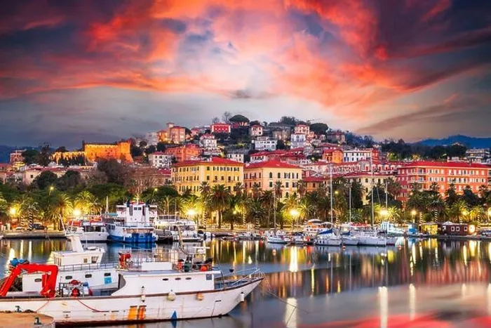 Framed Print : La Spezia, Italy town skyline from the port dusk Framed Print : La Spezia, Italy town skyline from the port dusk