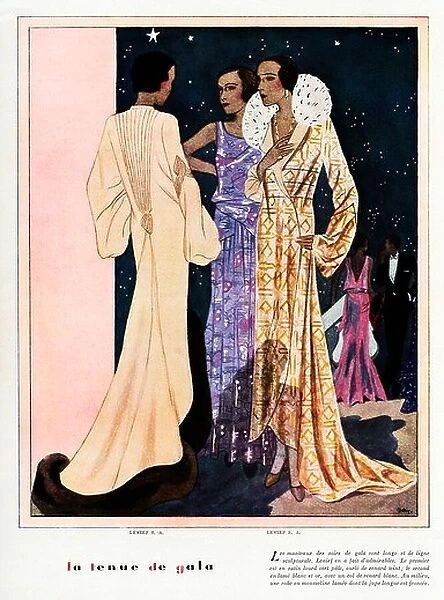 La Tenue De Gala, 1930s French fashion magazine illustration, long elegant evening gowns by Lenief