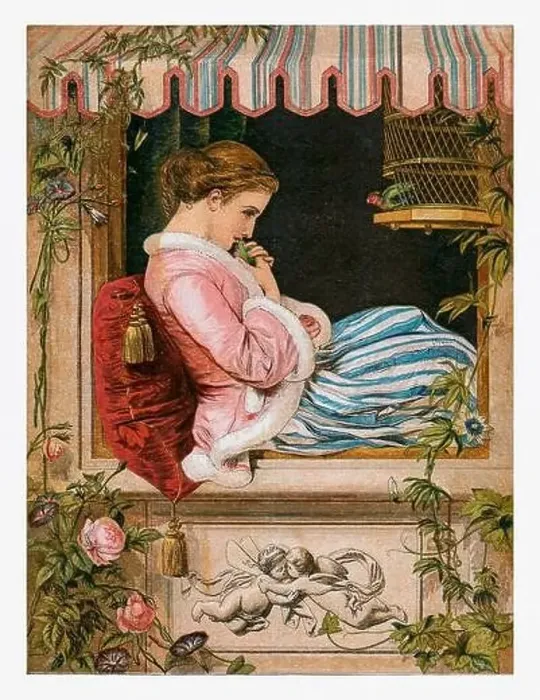 Framed Print : Lady holding a little bird. Seasonal illustration of The illustrated London Almanack (1845 to 1895) Framed Print : Lady holding a little bird. Seasonal illustration of The illustrated London Almanack (1845 to 1895)