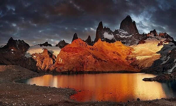 Laguna de Los Tres and mount Los Tres, Dramatical sunrise, Patagonia, Argentina