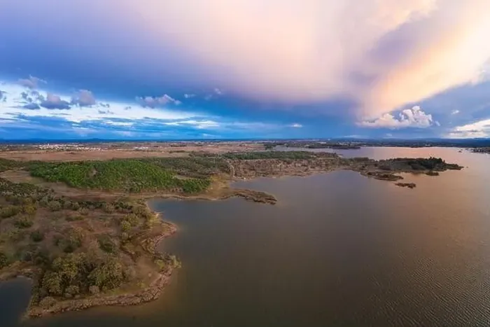 Framed Print : Lake drone aerial view of mountain panorama landscape at sunset in Marateca Dam in Castelo Branco, Portugal Framed Print : Lake drone aerial view of mountain panorama landscape at sunset in Marateca Dam in Castelo Branco, Portugal