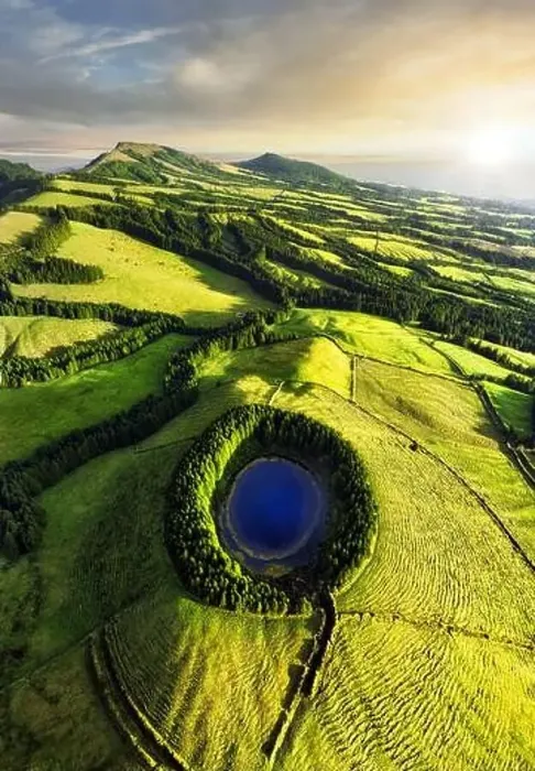 Framed Print : Lake eye with green landscape near Sete Cidades in Azores, Portugal from drone at sunset Framed Print : Lake eye with green landscape near Sete Cidades in Azores, Portugal from drone at sunset