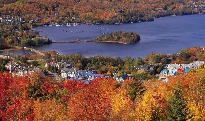 Framed Print : Lake and Mont Tremblant resort in autumn, Canada Framed Print : Lake and Mont Tremblant resort in autumn, Canada