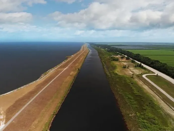 Framed Print : Lake Okeechobee scenic trail, canal and country road. Aerial view Framed Print : Lake Okeechobee scenic trail, canal and country road. Aerial view