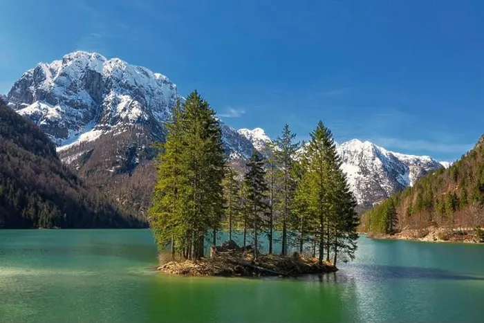 Framed Print : Lake Raibl with small tree island, snow-capped mountains at the back, Julian Alps, Upper Ukraine, Slovenia Framed Print : Lake Raibl with small tree island, snow-capped mountains at the back, Julian Alps, Upper Ukraine, Slovenia