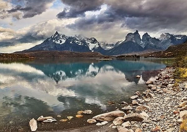 Still lake with reflection in Torres del Paine National Park, Lake Pehoe and Cuernos mountains, Patagonia, Chile