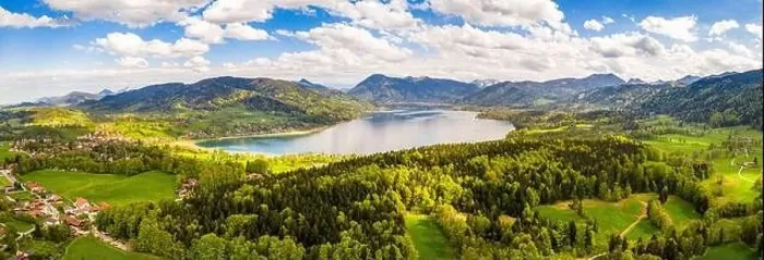 Framed Print : Lake Tegernsee in the Bavarian Alps. Aerial Drone Panorama Shot. Spring