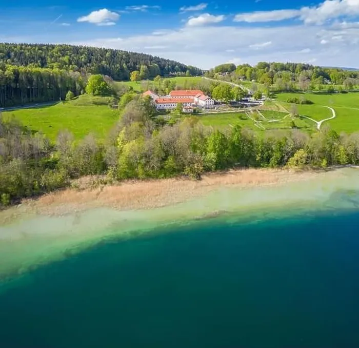 Framed Print : Lake Tegernsee in the Bavarian Alps. Aerial Drone Panorama Shot. Spring
