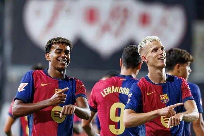 Framed Print : Lamine Yamal, Dani Olmo seen celebrating after scoring goal during LaLiga EA SPORTS game between teams of Rayo Vallecano and FC Barcelona at Estadio Framed Print : Lamine Yamal, Dani Olmo seen celebrating after scoring goal during LaLiga EA SPORTS game between teams of Rayo Vallecano and FC Barcelona at Estadio