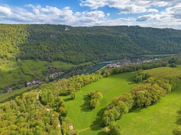 Framed Print : Landscape with fields, mountains and river in France near Besancon in spring, Franche-Comte Framed Print : Landscape with fields, mountains and river in France near Besancon in spring, Franche-Comte