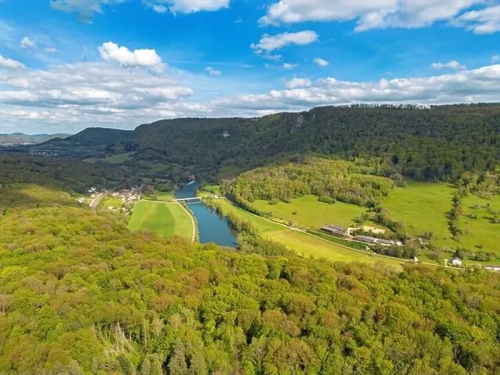 Framed Print : Landscape with fields, mountains and river in France near Besancon in spring, Franche-Comte Framed Print : Landscape with fields, mountains and river in France near Besancon in spring, Franche-Comte