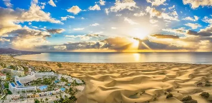 Framed Print : Landscape with Maspalomas town and golden sand dunes at sunrise, Gran Canaria, Canary Islands, Spain Framed Print : Landscape with Maspalomas town and golden sand dunes at sunrise, Gran Canaria, Canary Islands, Spain