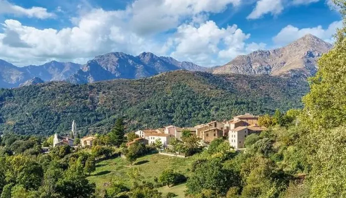 Framed Print : Landscape with Olmi Cappella village, Corsica island, France Framed Print : Landscape with Olmi Cappella village, Corsica island, France