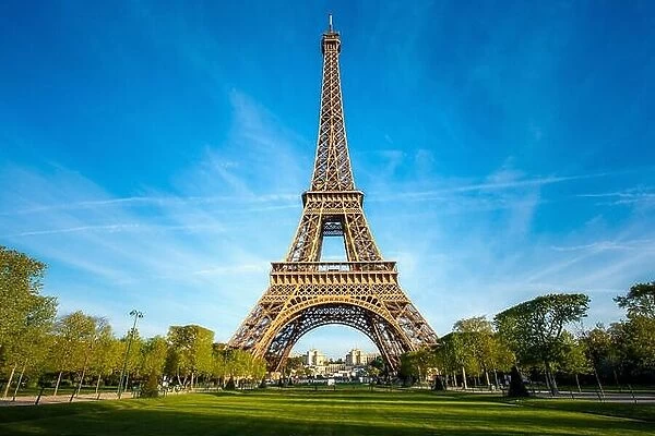 Landscape panoramic view on the Eiffel tower and park during the sunny day in Paris, France. Travel and Vacation concept