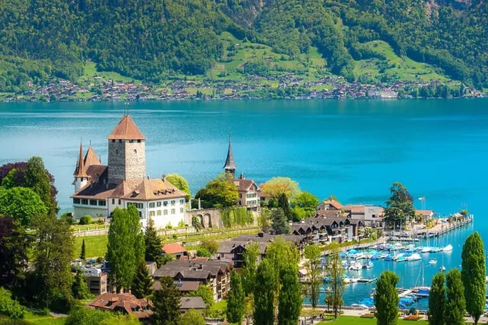 Framed Print : Landscape of Spiez castle on lake Thun in Bern, Switzerland