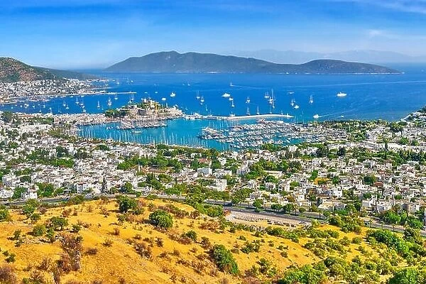 Landscape view of Bodrum harbor and castle, Turkey