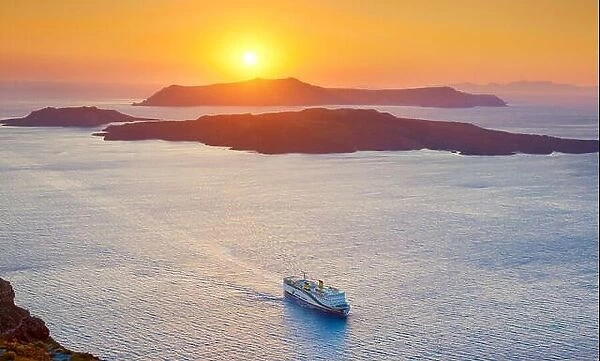 Landscape view with cruise ship on the Aegean Sea and Nea Kameni Island taken from Thira ( Fira), Santorini Island, Greece