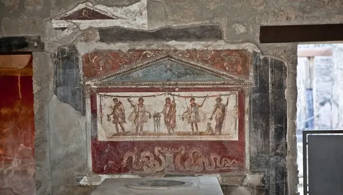 Framed Print : Lararium (shrine) fresco in atrium of ancient tavern Pompeii Italy Framed Print : Lararium (shrine) fresco in atrium of ancient tavern Pompeii Italy
