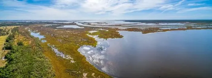 Framed Print : Large coastal salt water lake in Gippsland, Australia - aerial panorama Framed Print : Large coastal salt water lake in Gippsland, Australia - aerial panorama