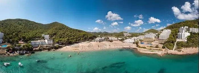 Framed Print : Large format wide angle panoramic aerial photo of the Spanish island of Ibiza showing the beautiful beach front Framed Print : Large format wide angle panoramic aerial photo of the Spanish island of Ibiza showing the beautiful beach front