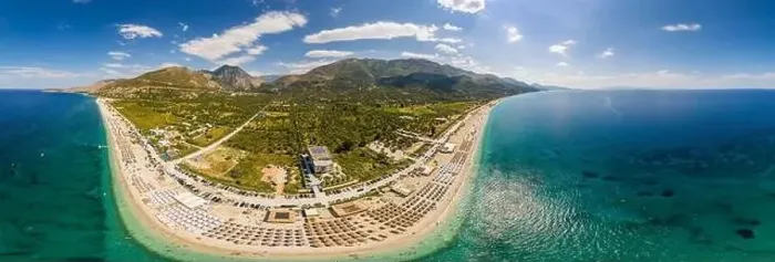 Framed Print : Large panorama of 7 km long beach in village Borsh, Albania in Summer 2022 Framed Print : Large panorama of 7 km long beach in village Borsh, Albania in Summer 2022