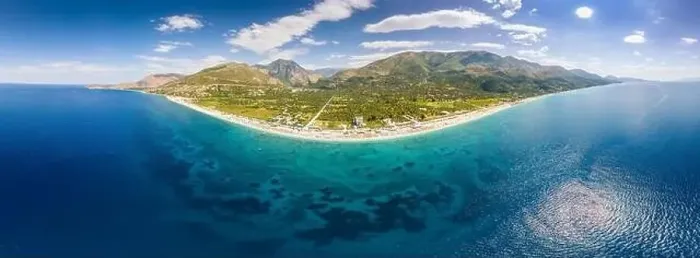 Framed Print : Large panorama of 7 km long beach in village Borsh, Albania in Summer 2022 Framed Print : Large panorama of 7 km long beach in village Borsh, Albania in Summer 2022