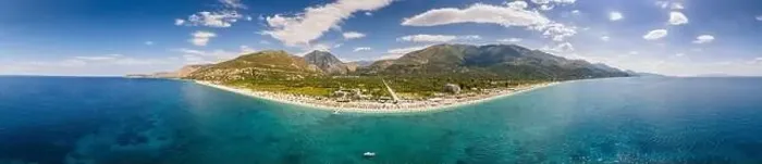 Framed Print : Large panorama of 7 km long beach in village Borsh, Albania in Summer 2022 Framed Print : Large panorama of 7 km long beach in village Borsh, Albania in Summer 2022
