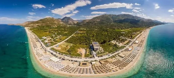 Framed Print : Large panorama of 7 km long beach in village Borsh, Albania in Summer 2022 Framed Print : Large panorama of 7 km long beach in village Borsh, Albania in Summer 2022