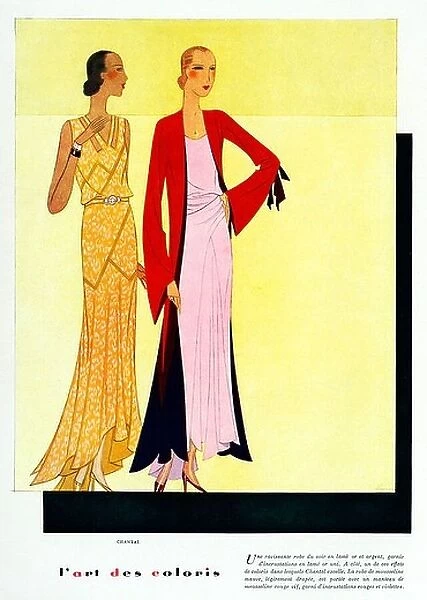 LArt Des Coloris, 1930s French fashion magazine illustration of brilliantly coloured elegant gowns by Chantal