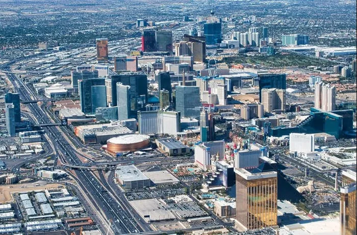 Framed Print : Las Vegas aerial view from aircraft. The Strip skyline and casinos on a summer day, Nevada, USA. All ads removed Framed Print : Las Vegas aerial view from aircraft. The Strip skyline and casinos on a summer day, Nevada, USA. All ads removed