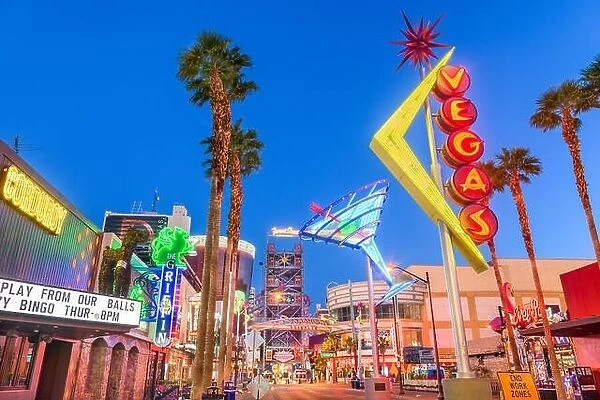 LAS VEGAS, NEVADA - MAY 13, 2019: Fremont East District of Las Vegas at dawn. It is among the most famous streets in the Las Vegas Valley