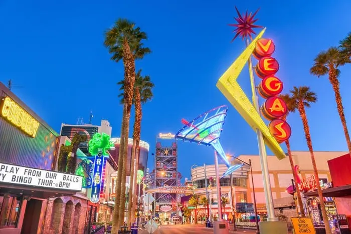 Framed Print : LAS VEGAS, NEVADA - MAY 13, 2019: Fremont East District of Las Vegas at dawn. It is among the most famous streets in the Las Vegas Valley Framed Print : LAS VEGAS, NEVADA - MAY 13, 2019: Fremont East District of Las Vegas at dawn. It is among the most famous streets in the Las Vegas Valley