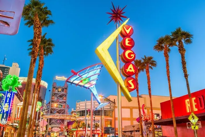 Framed Print : LAS VEGAS, NEVADA - MAY 13, 2019: Fremont East District of Las Vegas at dawn. It is among the most famous streets in the Las Vegas Valley Framed Print : LAS VEGAS, NEVADA - MAY 13, 2019: Fremont East District of Las Vegas at dawn. It is among the most famous streets in the Las Vegas Valley