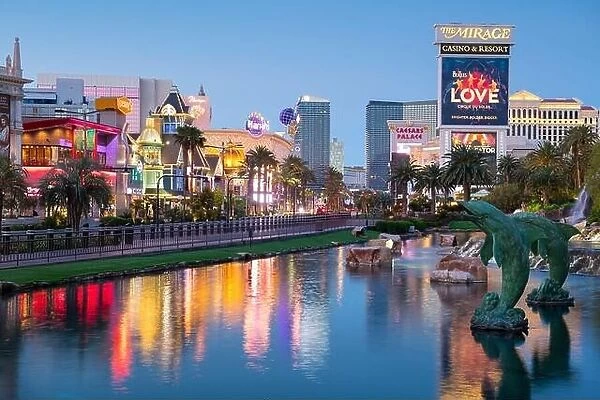 LAS VEGAS, NEVADA - MAY 14, 2019: Casinos along the strip at twilight in Las Vegas