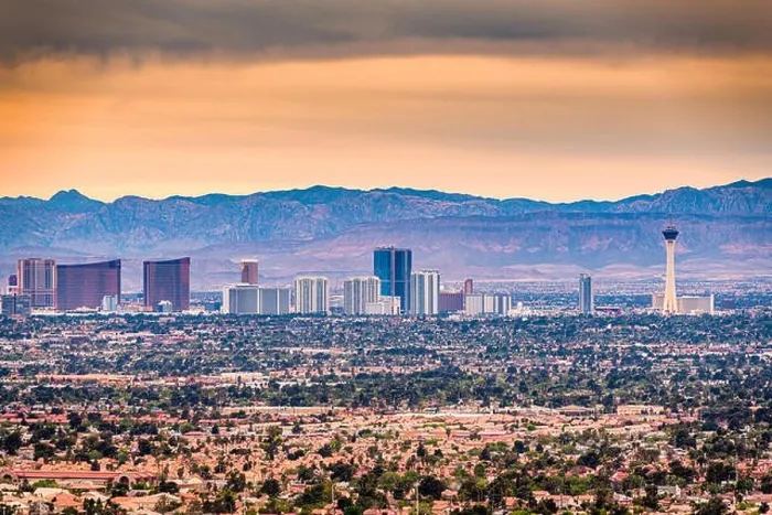 Framed Print : Las Vegas, Nevada, USA cityscape over neighborhoods at dusk Framed Print : Las Vegas, Nevada, USA cityscape over neighborhoods at dusk