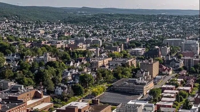 Framed Print : Late summer, early fall aerial, drone, photo of the Scranton Pennsylvania skyline. September 2024 Framed Print : Late summer, early fall aerial, drone, photo of the Scranton Pennsylvania skyline. September 2024