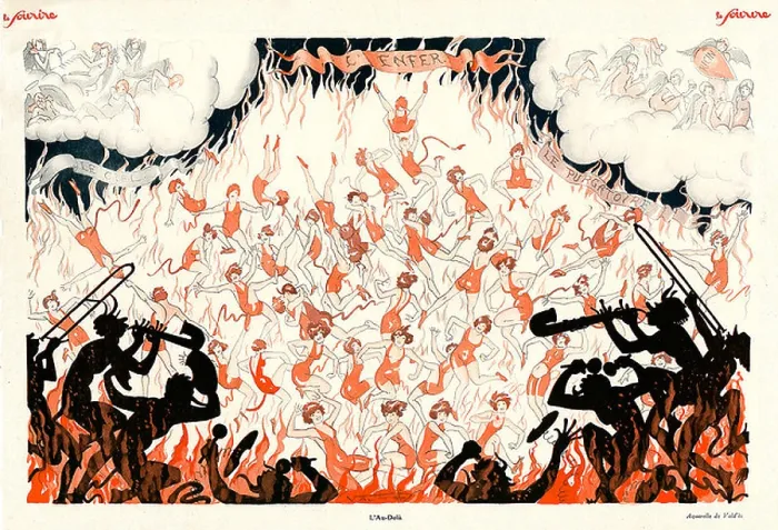 Framed Print : LAu-Dela, 1929 French magazine illustration of the devils music weaves its spell as the with-it girls dance in hell to Framed Print : LAu-Dela, 1929 French magazine illustration of the devils music weaves its spell as the with-it girls dance in hell to