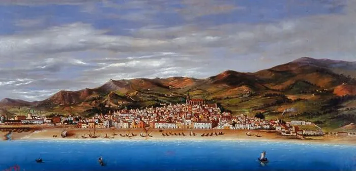 Framed Print : Laureà Esplugues  /  Mataró desde el mar, 1872, Óleo sobre lienzo, 54 x 104 cm. Museu de Mataró