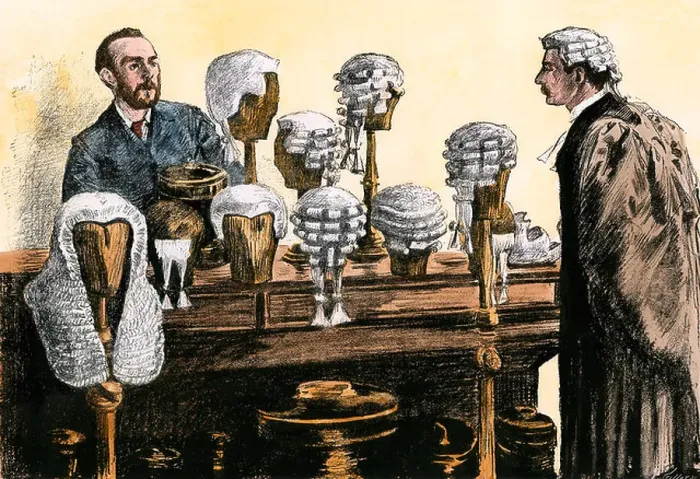 Framed Print : Lawyer selecting the proper wig for appearance in court, London, 1800s. Hand-colored woodcut Framed Print : Lawyer selecting the proper wig for appearance in court, London, 1800s. Hand-colored woodcut