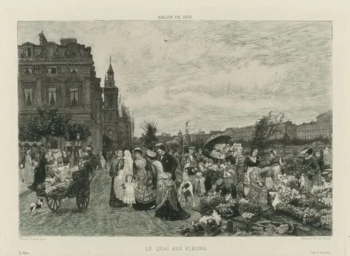 Framed Print : Le Quai aux Fleurs, Flower Market in Paris with fashionably dressed crowd Framed Print : Le Quai aux Fleurs, Flower Market in Paris with fashionably dressed crowd