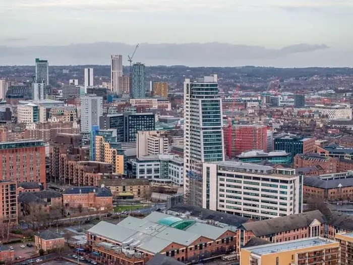 Framed Print : Leeds city centre, West Yorkshire aerial panoramic view of the city centre looking north towards retail and offices Framed Print : Leeds city centre, West Yorkshire aerial panoramic view of the city centre looking north towards retail and offices